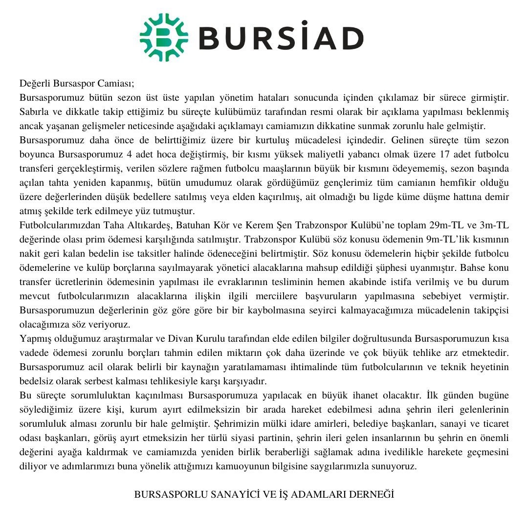 BURSİAD: “Bursasporumuza yapılacak en büyük ihanet olacaktır”