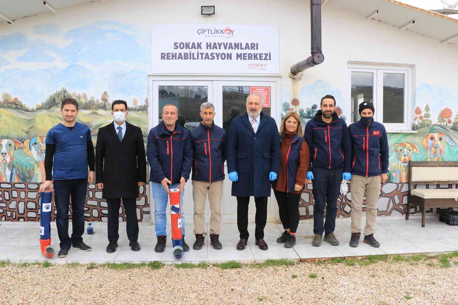 Çiftlikköy Belediyesi’nden sokak hayvanları için su borusunda mama kabı