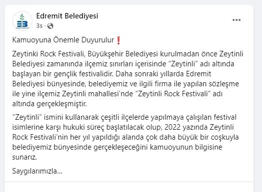 Edremit Belediyesi’nde Zeytinli Rock Festivali açıklaması